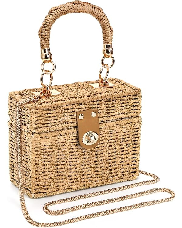 Noamus Square Straw Handbag, Vintage Women's Wicker Basket Bag, Handmade Rattan Crossbody Bag, Bo... | Amazon (US)