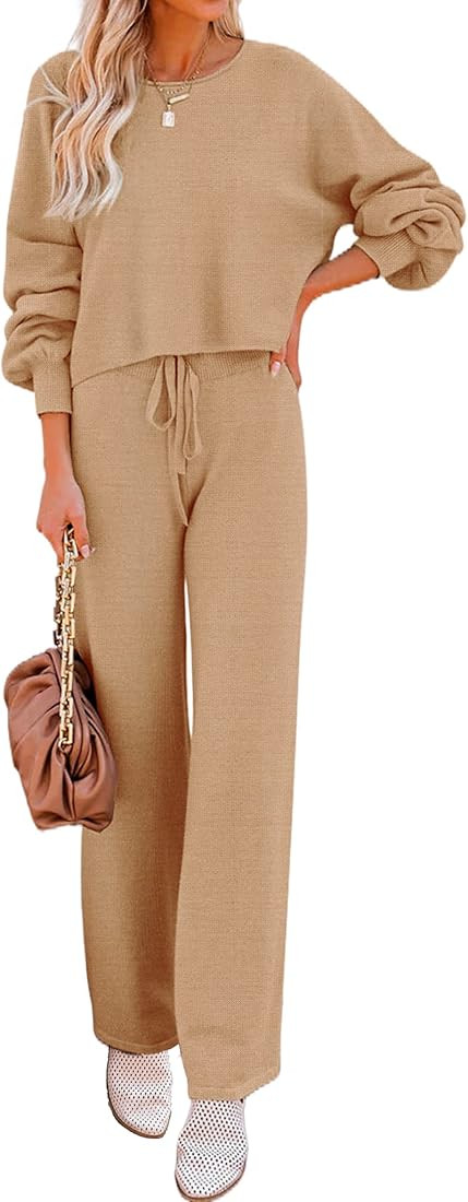 Ekouaer Knit Lounge Sets for Women 2 Piece Cozy Long Sleeve Pullover Sweater Top and Wide Leg Pants  | Amazon (US)