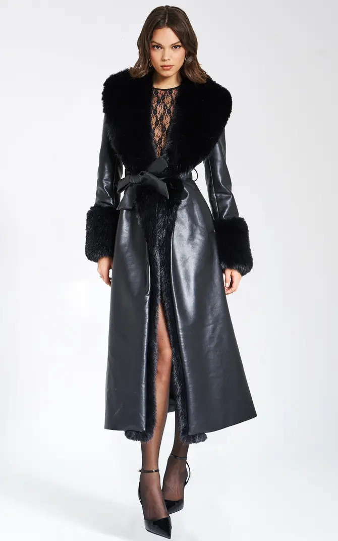 Miss Circle Zaida Full-Length Vegan Leather Fur Trim Coat | Nordstrom | Nordstrom