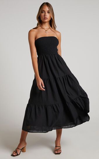 Zoe Midaxi Dress - Strapless Shirred Bodice Tiered Dress in Black | Showpo (US, UK & Europe)