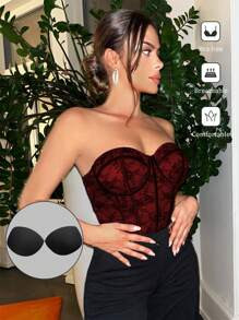 SHEIN SXY Valentine's Day Sexy Nightclub Black Lace Contrast Color Corset Short Tube Top | SHEIN