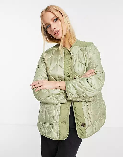 Bershka drop hem quilted jacket in khaki | ASOS (Global)