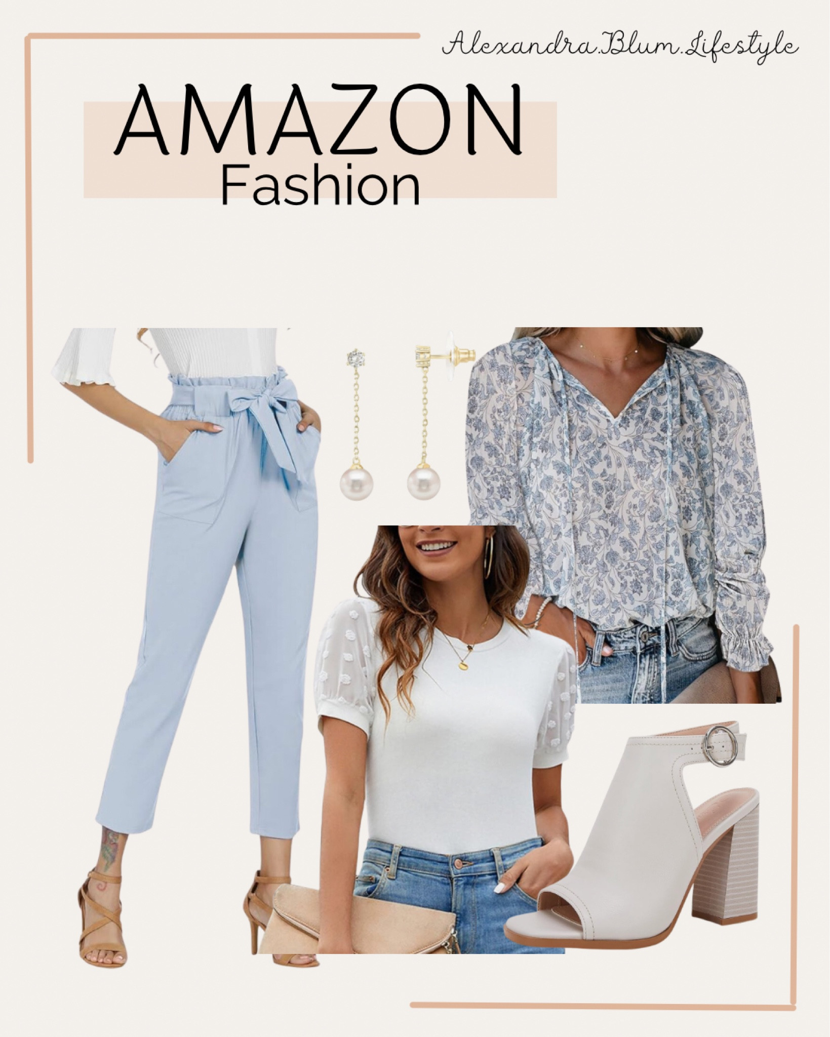 Amazon work outfit ideas! Business casual attire! Light blue dress pants, floral work tops and blouses, gold pearl drop earrings, open toe boot work shoes!! Best selling gold earrings. Amazon fashion! Amazon trends! Church outfit! Spring work outfit! 

#LTKover40 #LTKstyletip #LTKfindsunder100