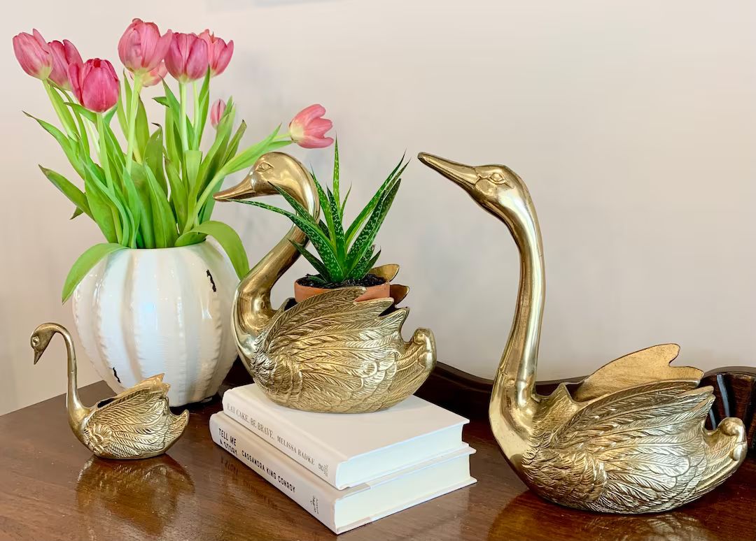 Trio Vintage Brass Swan Planters, Swan Vase, Flower Display, Dried Floral Container, Collectible ... | Etsy (US)