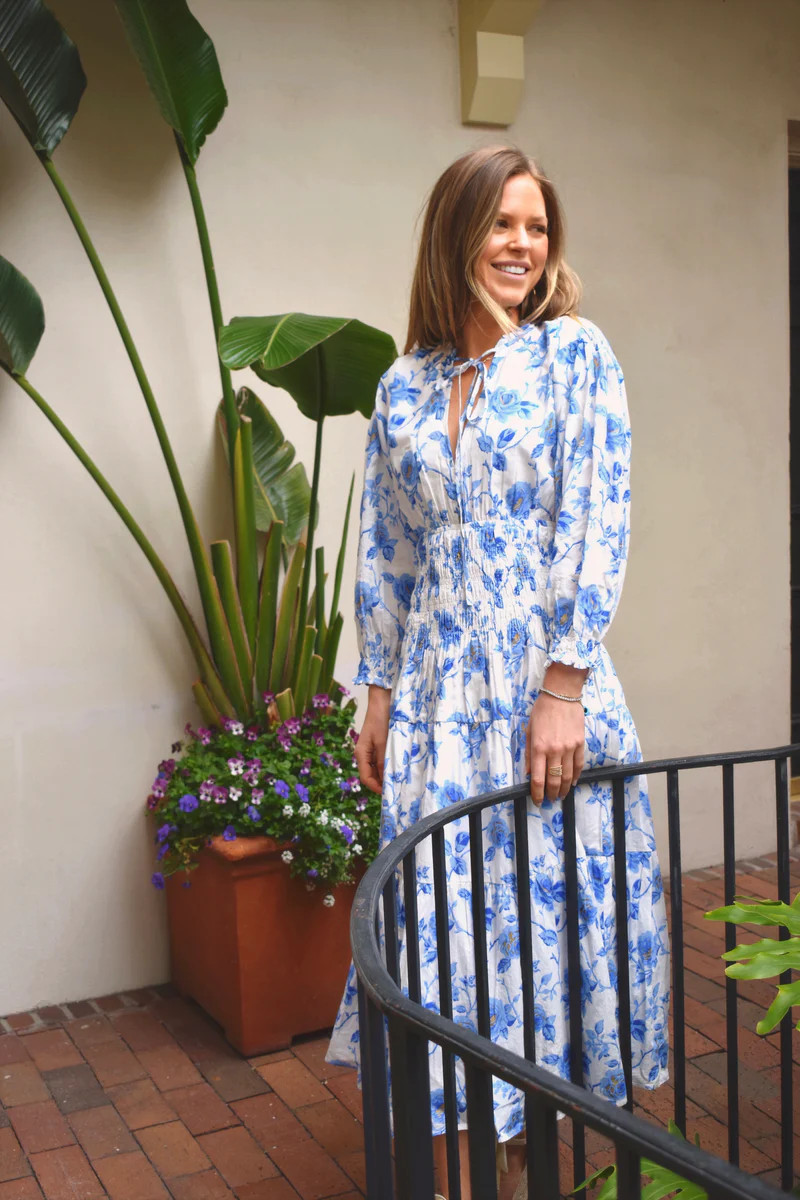 Jacqui Midi Dress Blue and White Rose | Madison Mathews