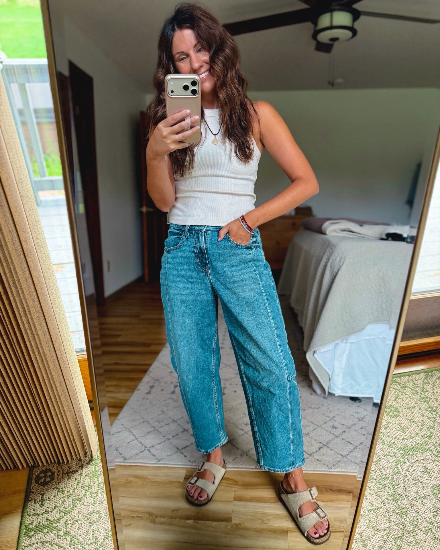 small in my bra, small in my tank, 0 petite in my barrel jeans (medium wash. I think regular length would work too-they’re 99% cotton and shrink down some when dried). 36 in my Birkenstock sandals. My necklace is thrifted so I linked some similar ones!

#LTKPetite #LTKSeasonal #LTKootd