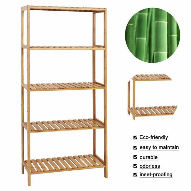 Kinbor Bamboo 5-Tier Shelf Rack Organizer Storage Utility Bathroom Kitchen Living Room | Walmart (US)