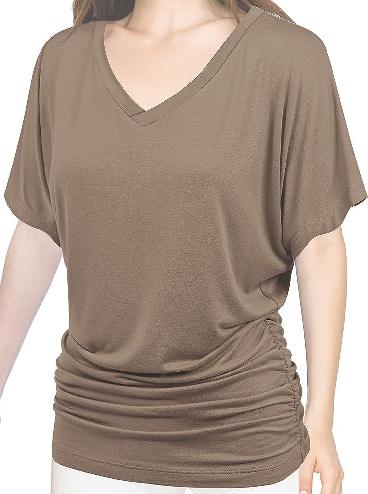 Made By Johnny Women's Solid Short Sleeve Boat Neck V Neck Dolman Top with Side Shirring | Amazon (US)