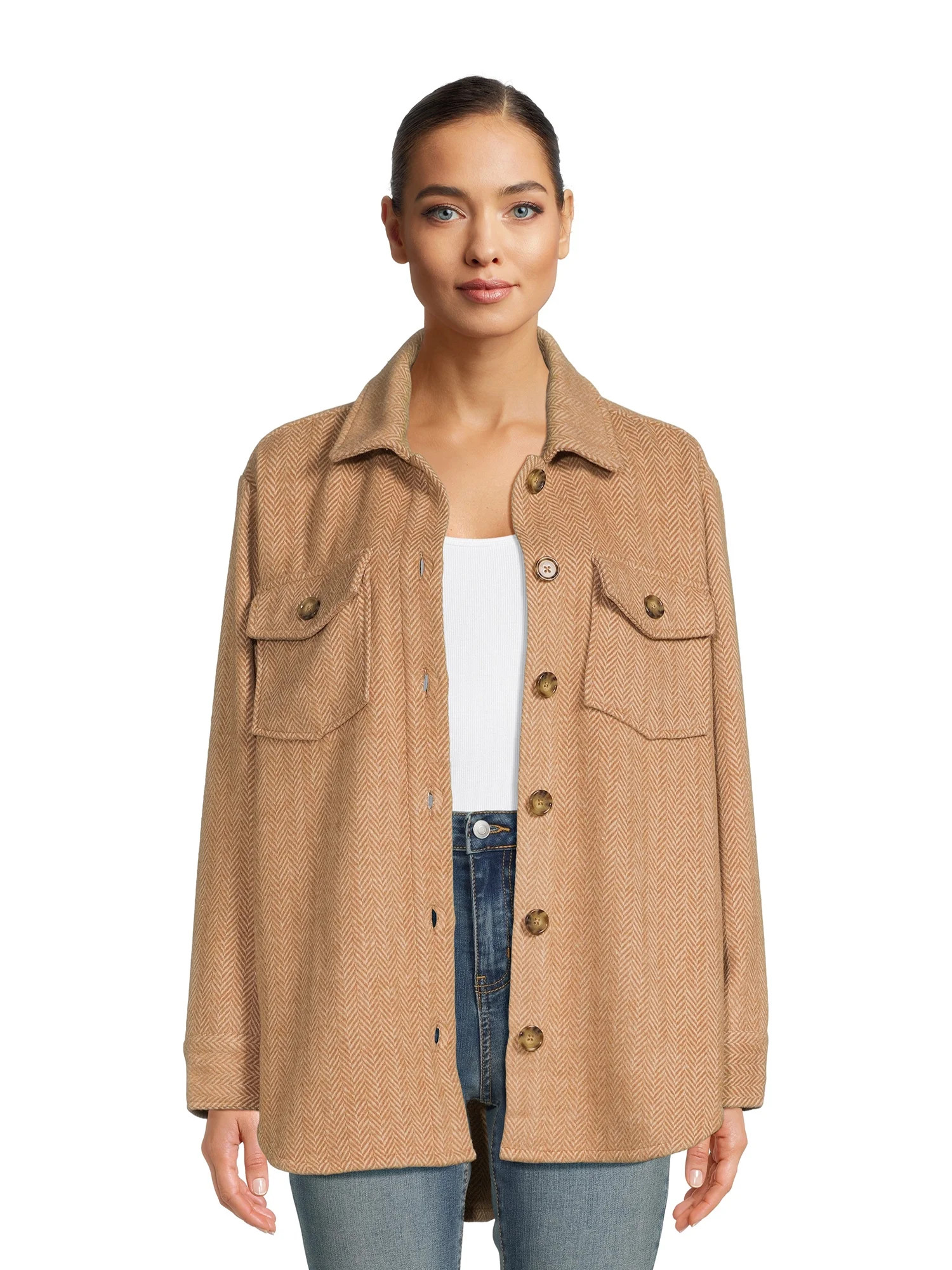 Time and Tru Women's Brushed Herringbone Shacket, Sizes XS -XXXL | Walmart (US)