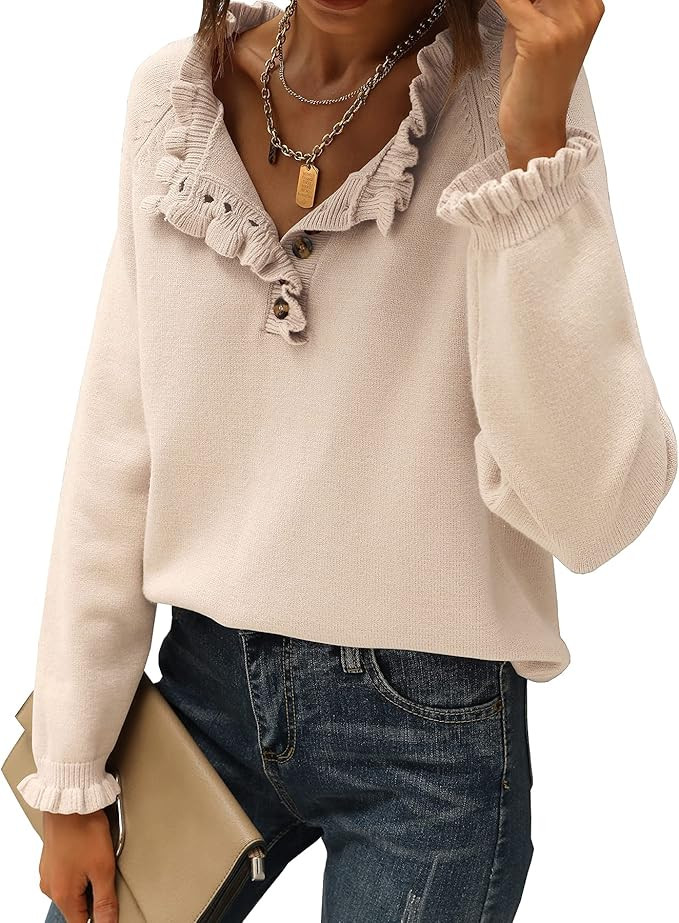 BTFBM Women's Sweaters Casual Long Sleeve Button Down Crew Neck Ruffle Knit Pullover Sweater Tops... | Amazon (US)