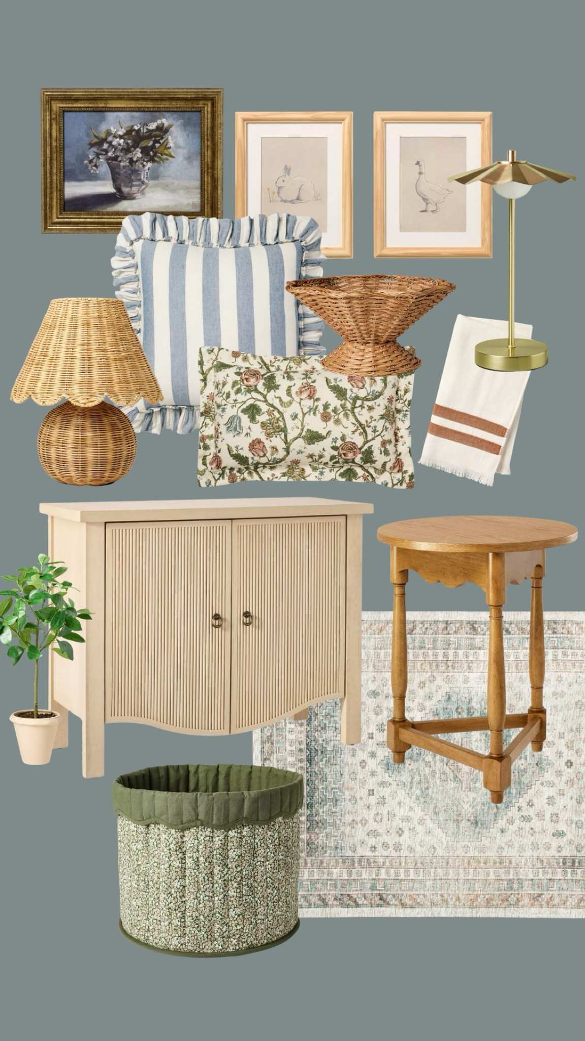 New target decor (studio McGee and magnolia lines) - rattan scalloped shade lamp, striped ruffle euro pillow, floral pillow lumbar, bunny and goose art print framed, floral bouquet framed art, cabinet (also available as a long console), scalloped wood round side table, rug, floral fabric round storage bin, faux plant, hand towel, portable lamp gold scallop shade, woven bowl 

#LTKStyleTip #LTKHome #LTKSeasonal
