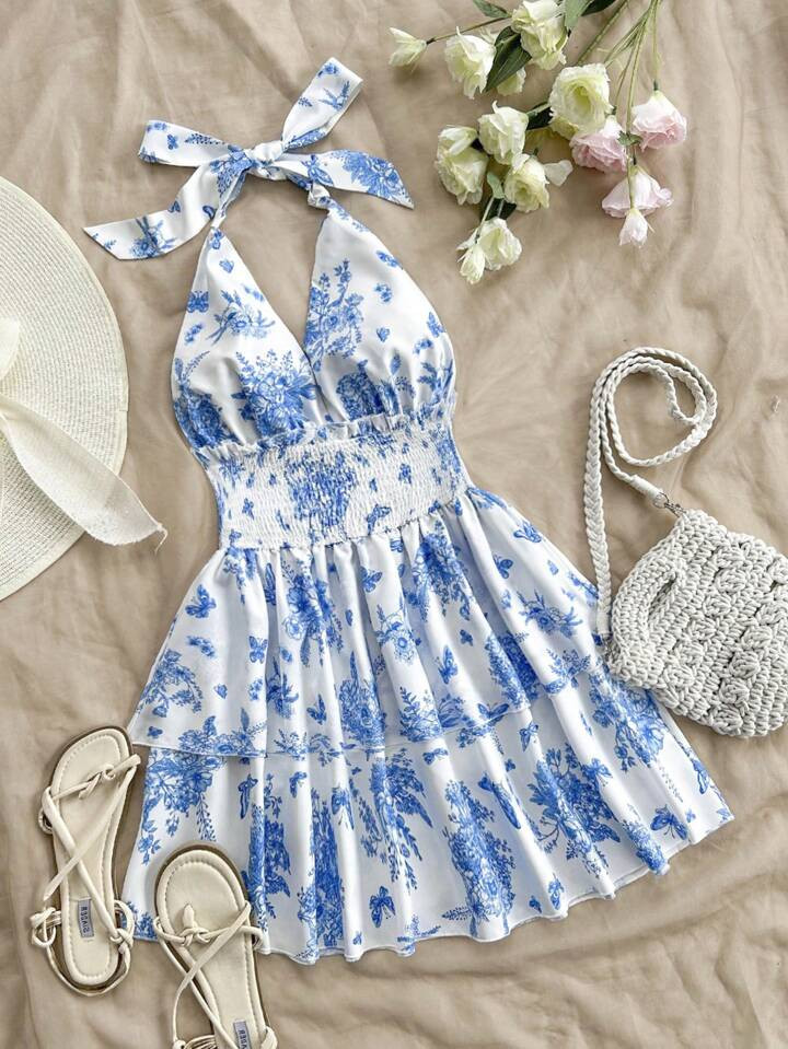 Soleia Women's Fashionable Summer Vacation Floral Print Halter Neck Backless Tiered Dress With Ci... | SHEIN