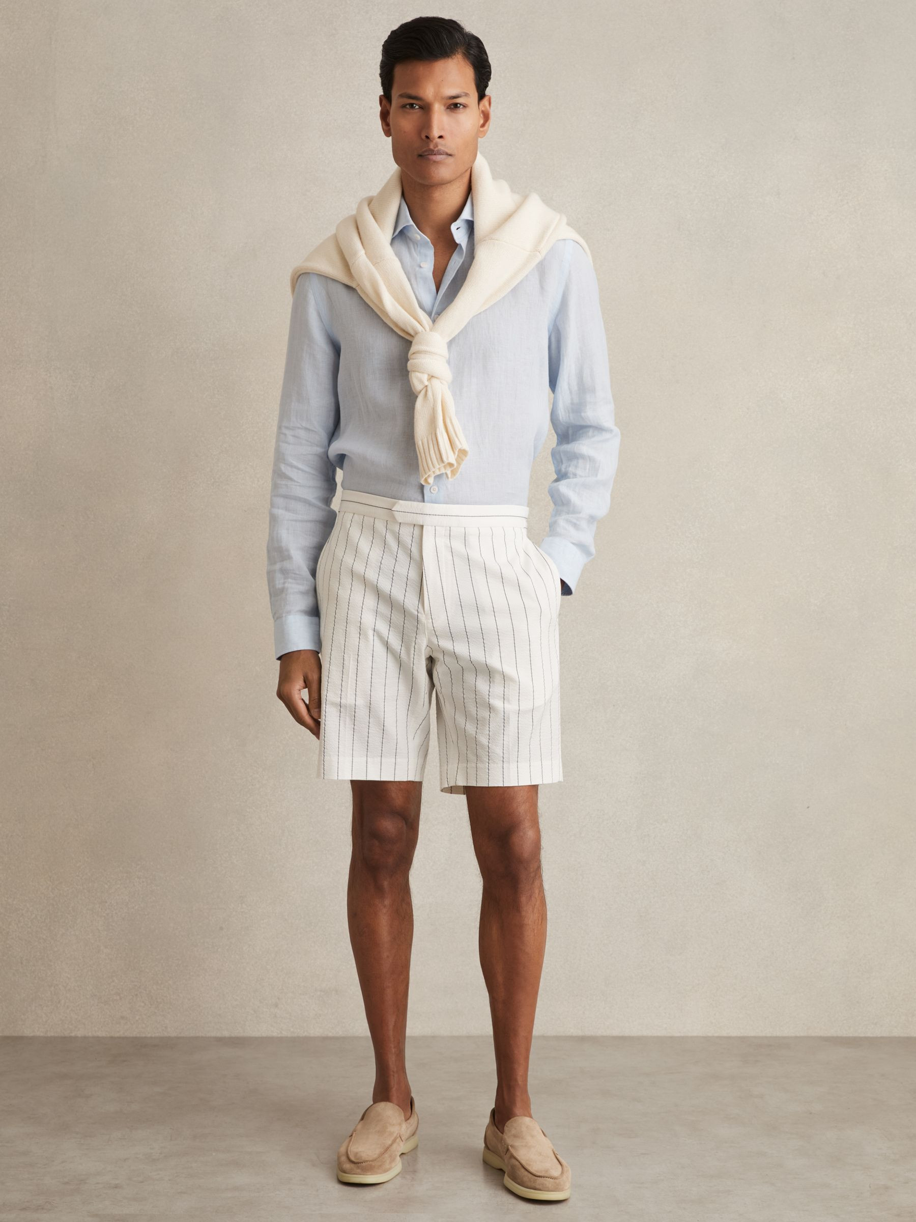 Cotton-Blend Pinstripe Shorts in White/Navy | Reiss US