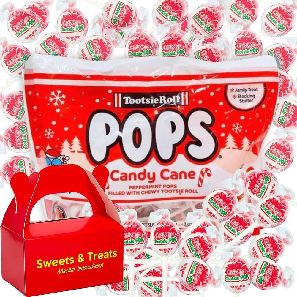 Candy Cane Lollipop | Peppermint Pops Filled with Chewy Tootsie Roll | Gluten & Peanut Free | Chr... | Amazon (US)