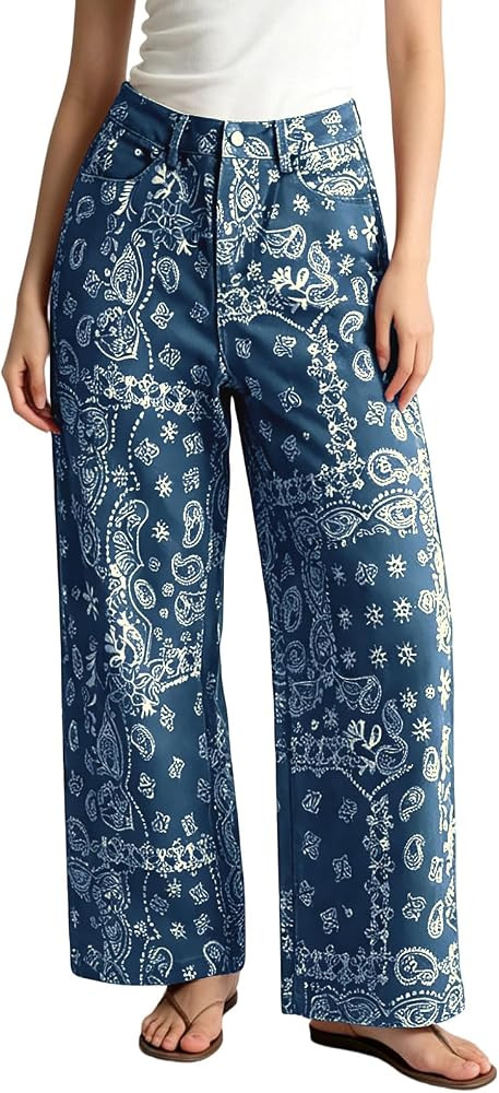 ebossy Pantalones de mezclilla con estampado floral para mujer, estilo bohemio, Y2k, est\u00e9tic... | Amazon (US)