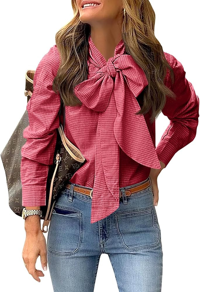 Cicy Bell Womens Plaid Shirts Bow Tied Neck Button Down Long Sleeve Casual Dressy Blouse Tops | Amazon (US)