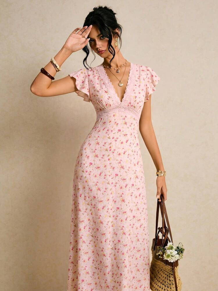 Poéselle Women's Sweet Vacation Lace Patchwork Ruffle Sleeve Ditsy Floral Dress,Pink Dress | SHEIN