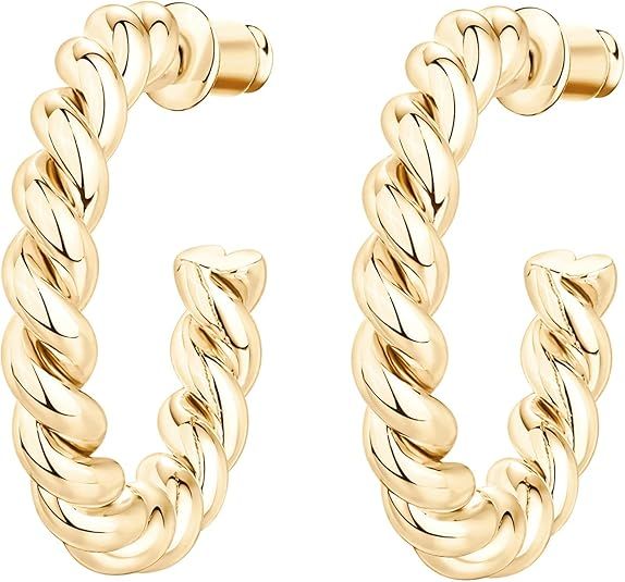 PAVOI 14K Gold Plated 925 Sterling Silver Twisted Rope Round Hoop Earrings in Rose Gold, White Go... | Amazon (US)