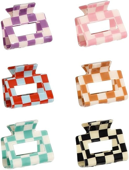 Small Checkered Multicolored Rectangle Y2K Hair Claw Clips - 6 Pcs Strong Hold Hair Accessories f... | Amazon (US)
