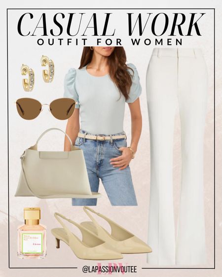 Embrace sophistication: Elevate your style with a puff sleeve blouse paired with tailored straight leg pants. Add a touch of glamour with huggie hoop earrings and chic sunglasses. Complete the ensemble with a spritz of your favorite perfume, a leather shoulder bag, and kitten heel pumps for a refined, polished look.

#LTKSeasonal #LTKstyletip #LTKworkwear