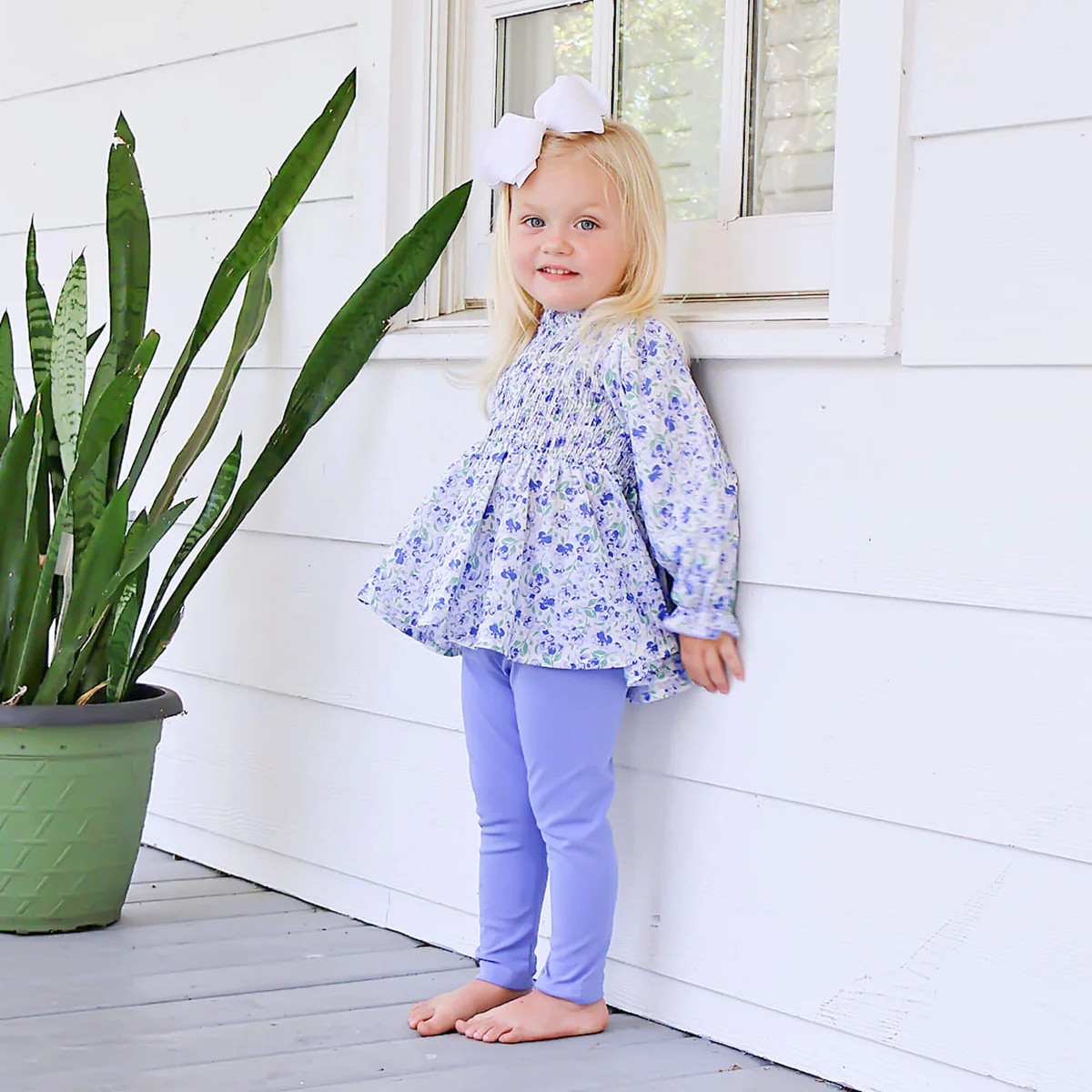 Blue Floral Smocked Long Sleeve Legging Set | Classic Whimsy