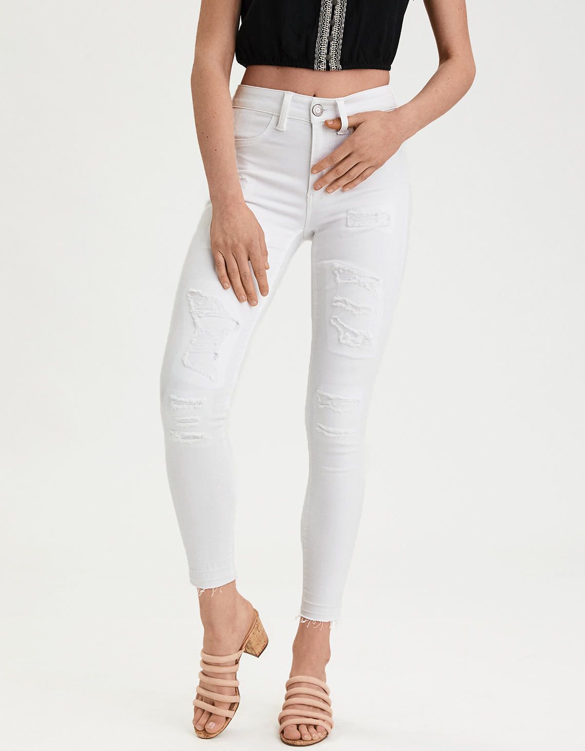 AE Ne(X)t Level High-Waisted Jegging Crop, Rip & Repair White | American Eagle Outfitters (US & CA)