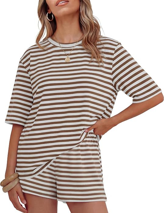 ZESICA Womens Summer 2 Piece Stripe Short Sets Lounge Workout Beach Outfits | Amazon (US)