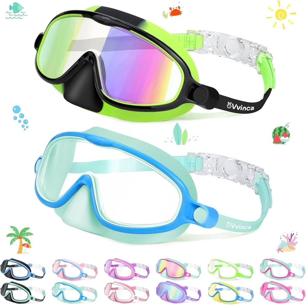 Vvinca 2 Pcs Kids-Swim-Goggles with Nose Cover, Swimming Diving Mask Wide View Anti Fog UV Anti S... | Amazon (US)