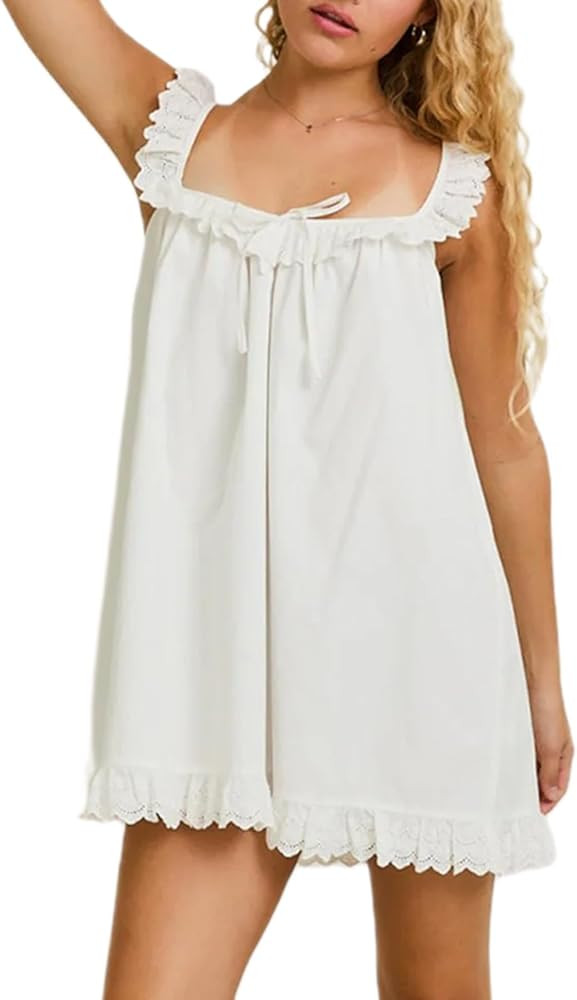 Women Y2K Babydoll Mini Dress Cute Bow Lace Trim Pleated Ruffle Short Sundress Casual Party Vacat... | Amazon (US)