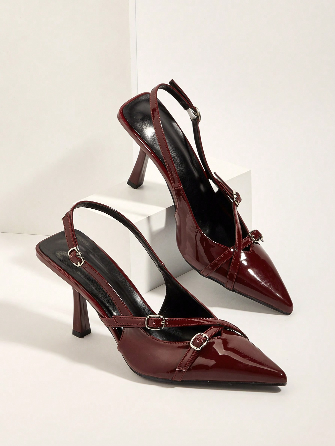 Sexy Burgundy Cross Strap Buckle Stiletto High Heel Sandals With Pointed Toe For Wedding Party | SHEIN