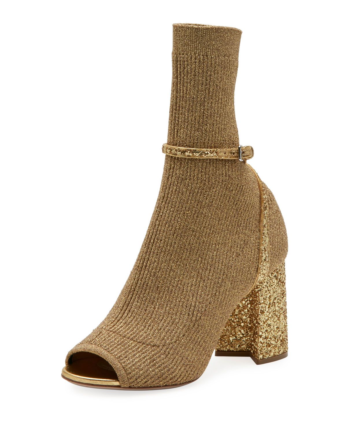 Metallic Stretch-Knit 85mm Open-Toe Bootie | Neiman Marcus