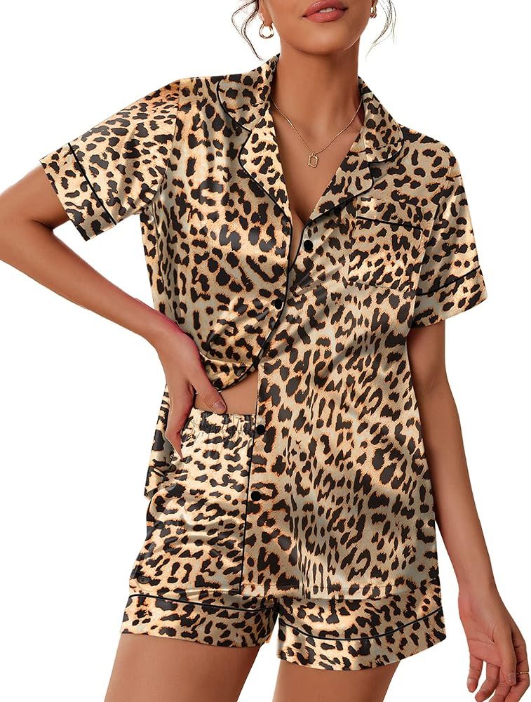 Ekouaer Satin Pajamas Women's Short Sleeve Sleepwear Soft Silk Button Down Loungewear Pjs Shorts ... | Amazon (US)