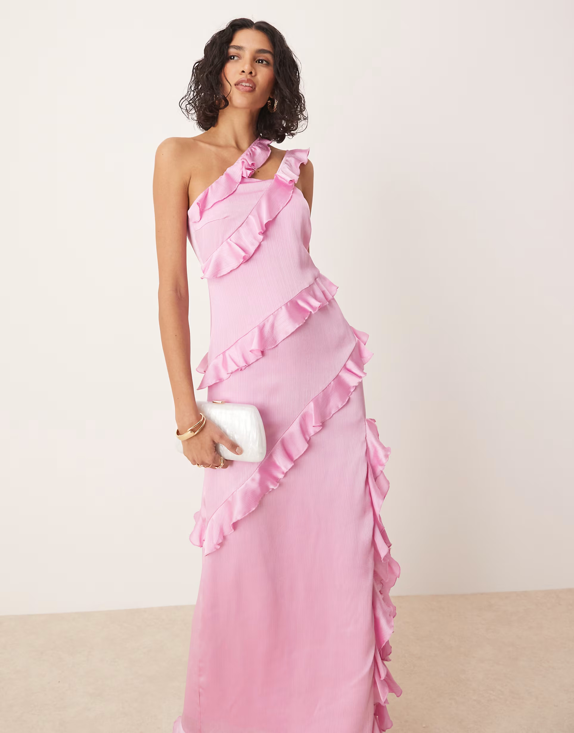 Pretty Lavish one-shoulder asymmetric ruffle maxi dress in pink | ASOS (Global)