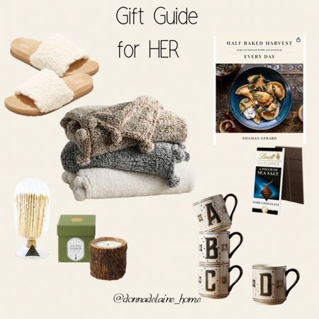 Gift ideas..for her! 
Cozy slippers and throws, beautiful candle, matchstick holder, cookbook, chocolate, monogrammed coffee mug

#LTKSeasonal #LTKhome #LTKHoliday