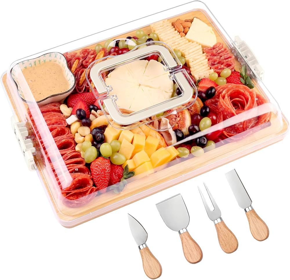 Charcuterie Board with Lid and Handle - Portable Travel Design Bamboo Cheese Board Set with 4 Che... | Amazon (US)
