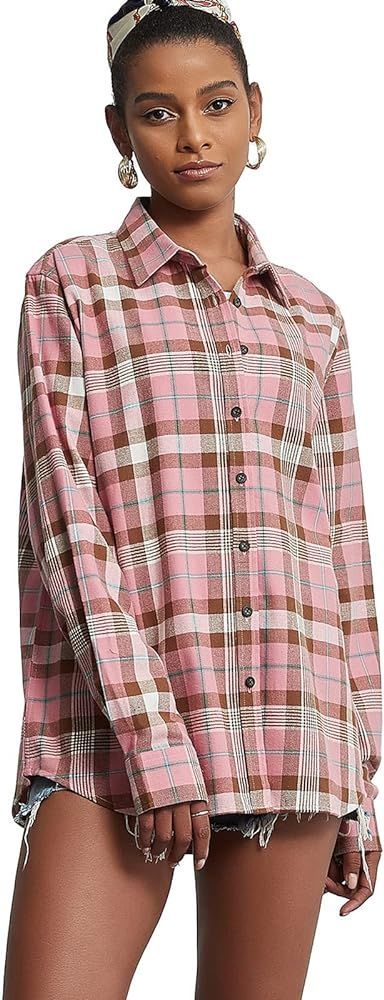 MGWDT Womens Plaid Shirts Long Sleeve Button Down Flannel Shirt 100% Cotton Soft Casual Blouses | Amazon (US)