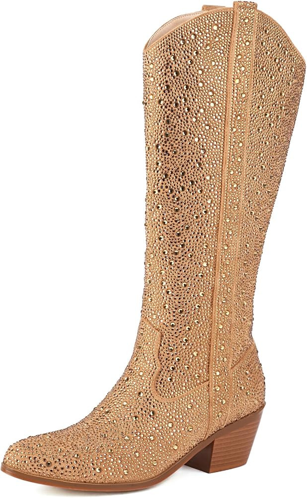 Women's Rhinestone Boots Wide Calf Cowgirl Boots Western Mid Calf Pointed Toe Boots Lightweight F... | Amazon (US)