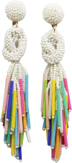 Handmade Beaded Solid Color Post Statement Earrings for Women All Season 4 inch Long | Amazon (US)