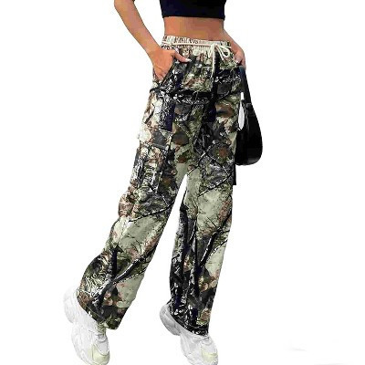 Women's Camouflage Cargo Pants - Drawstring Waist Wide Leg Multi Pocket Casual Outdoor Pants Green Camo M | Target