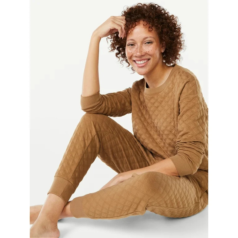 Joyspun Women's Quilted Long Sleeve Top and Joggers Sleep Set, 2-Piece, Sizes XS to 3X | Walmart (US)