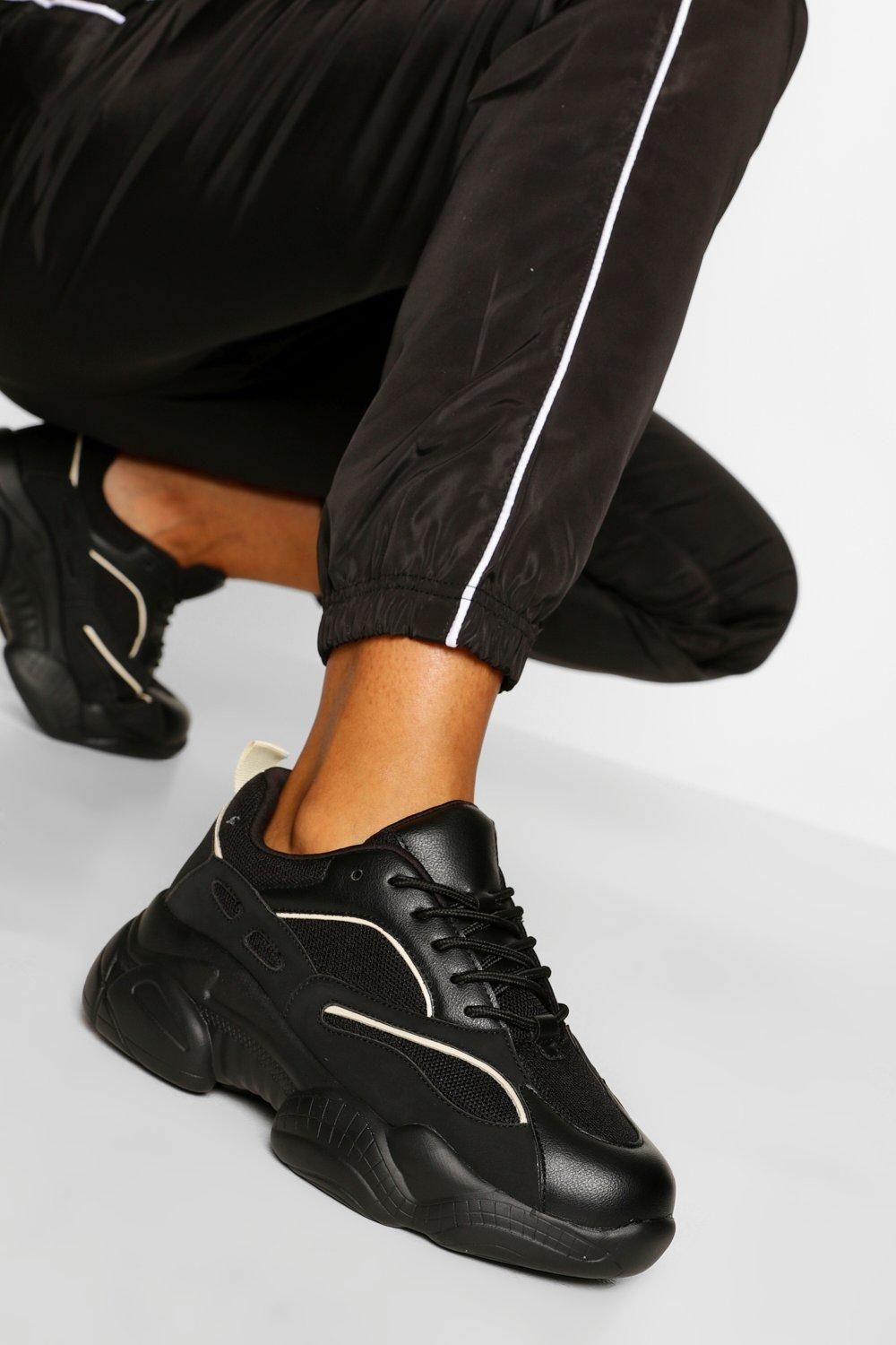 Womens Contrast Piping Chunky Sneakers - Black - 9 | Boohoo.com (US & CA)
