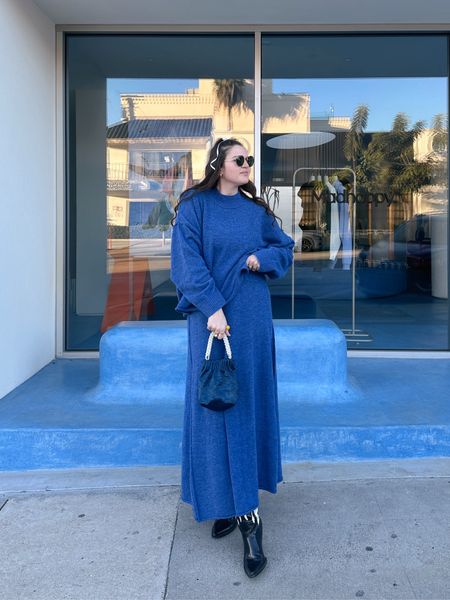 ASOS EDITION oversized knit sweater in petrol blue and A-line knit maxi skirt, matching set, co-ord, black and white flame cowboy boots, thin white satin ribbon from amazon for hair bow, rayban round sunglasses, gold jewelry from Amazon (hoop earrings, rings), colorful clothing, blue bag / purse with pearls

#LTKfindsunder50 #LTKfindsunder100 #LTKstyletip