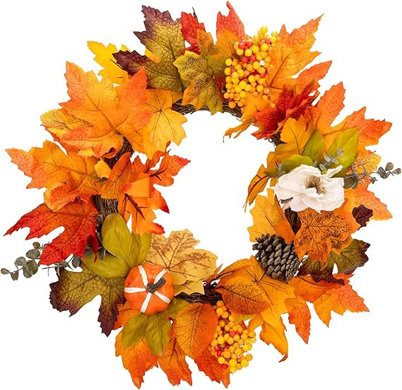 18" Fall Wreath Autumn Wreath Decorations Harvest Farmhouse Wreath with Maple Leaf Pumpkins Pinec... | Amazon (US)
