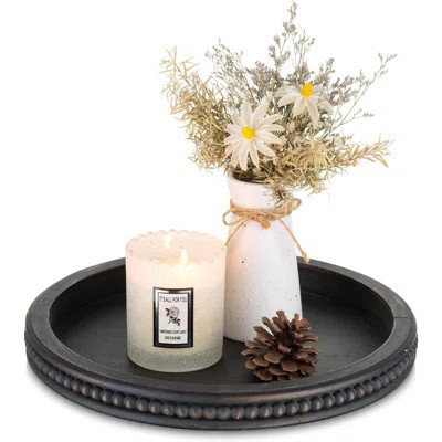 Decorative Coffee Table Tray: Modern Farmhouse Beaded Round Tray Decor Rich Dark Brown Circle Wooden Ottoman Serving Platter For Centerpieces Kitchen | Wayfair North America