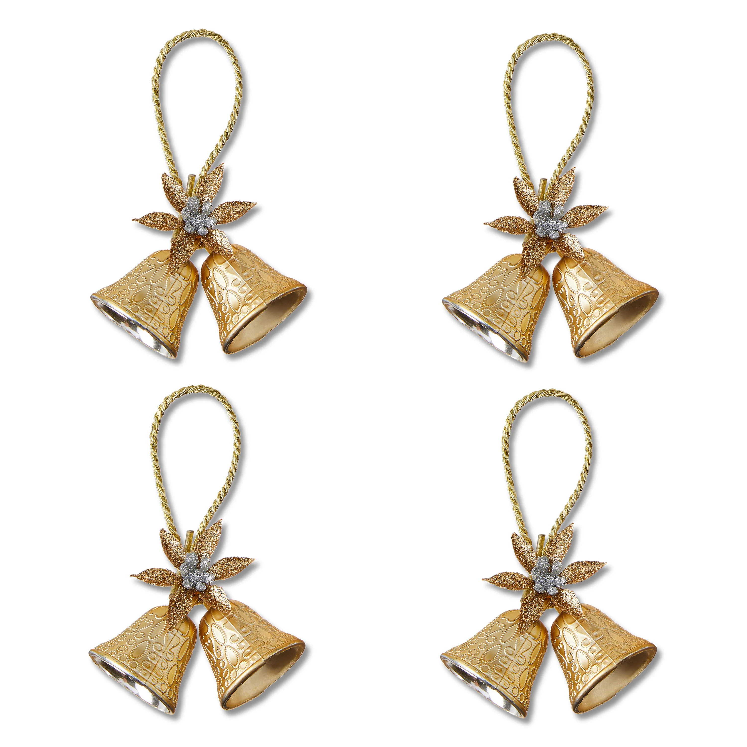 Gold Embossed Mini Double Bell with Poinsettia Christmas Ornament, 4 Count, by Holiday Time | Walmart (US)