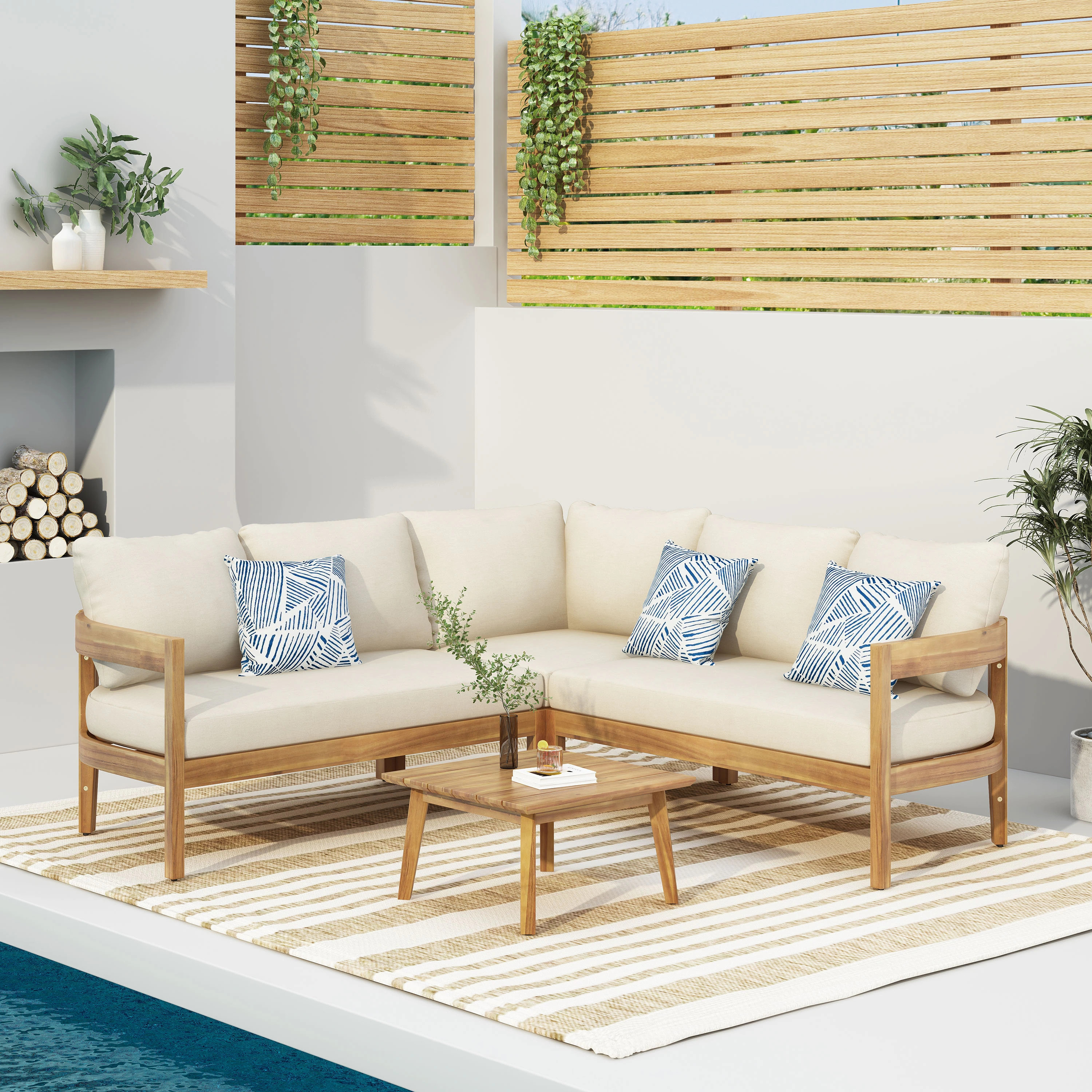 Brooklyn Outdoor Acacia Wood 5 Seater Sectional Sofa Chat Set with Cushions by Christopher Knight Home | Bed Bath & Beyond