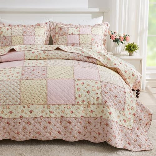 Cozyholy Queen Size Quilt Set 3-Piece, 100% Cotton Patchwork Quilt, Pink Floral Reversible Shabby Chic Bedding Bedspread for All Season, Soft Quilted Blanket with 2 Pillow Shams Machine Washable | Amazon (US)