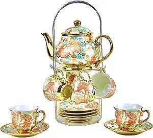 20 Pieces Porcelain Tea Set, European Ceramic tea set for adults,China Tea Set with Metal Holder,... | Amazon (US)