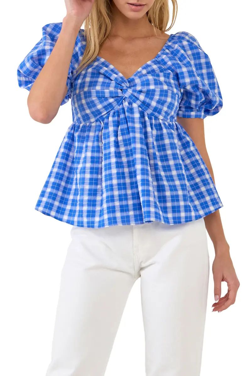 Twist Front Gingham Puff Sleeve TopENGLISH FACTORY | Nordstrom