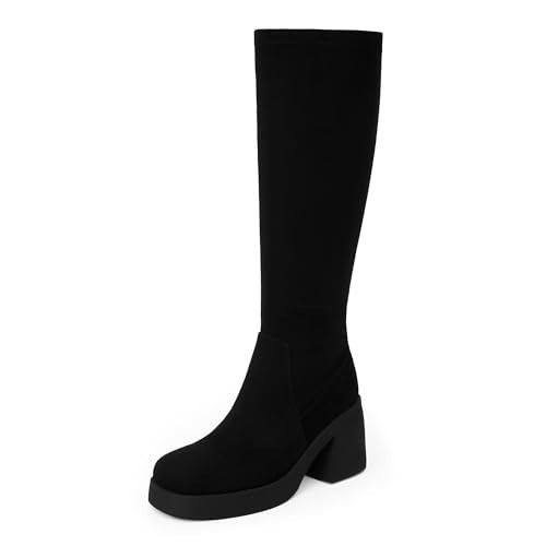 Easyfox Tall Black Suede Boots Knee High Boots Square Toe Long Boots Side Zipper Chunky High Heels Black Suede Elastic Knee High Boots Size 11 | Amazon (US)